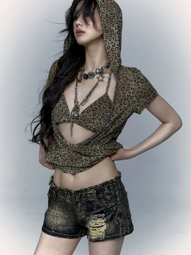 metallic leopard print hooded T-shirt