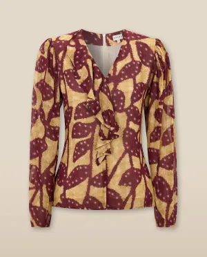 MILLIE | Burgundy & Gold Ruffle Crepe Blouse