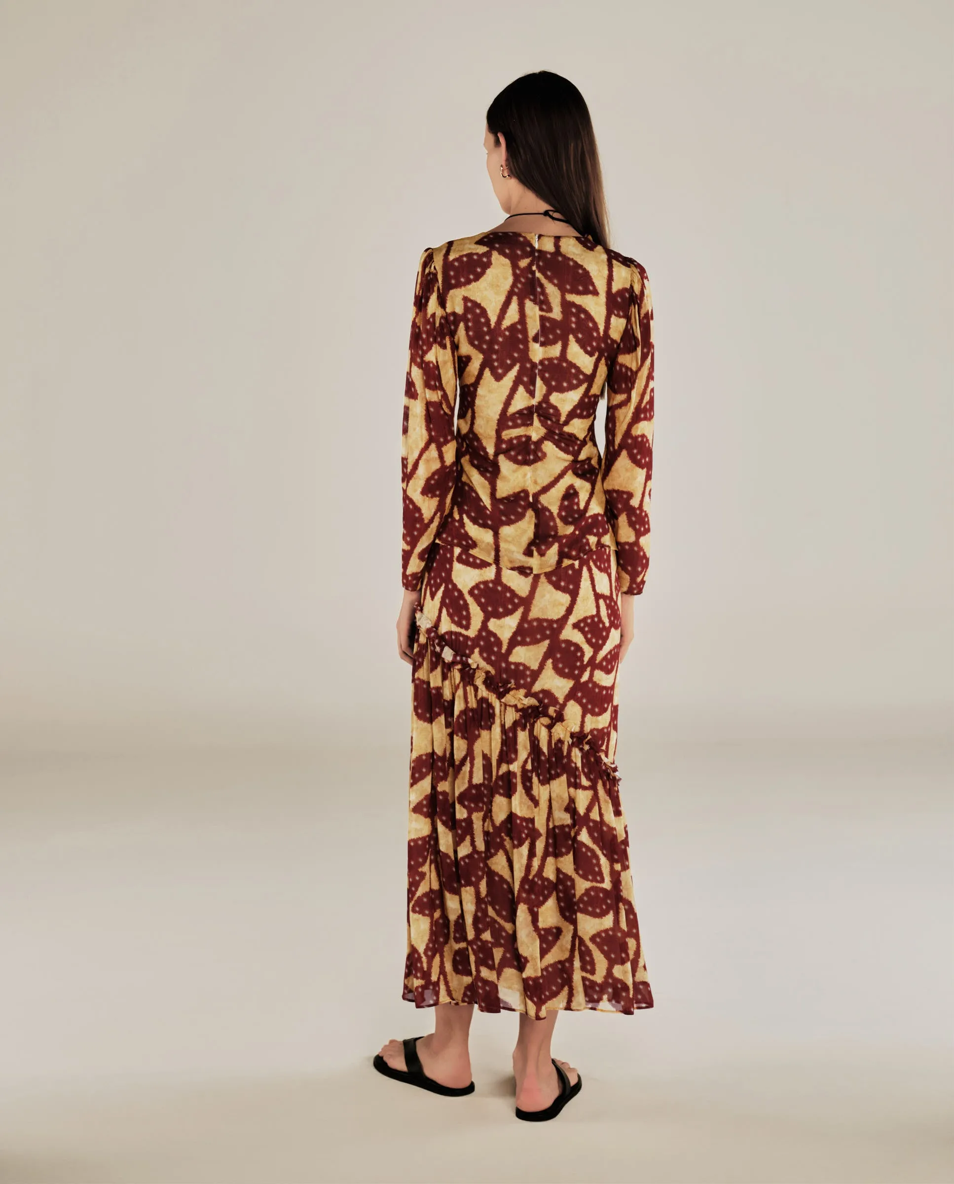 MILLIE | Burgundy & Gold Ruffle Crepe Blouse