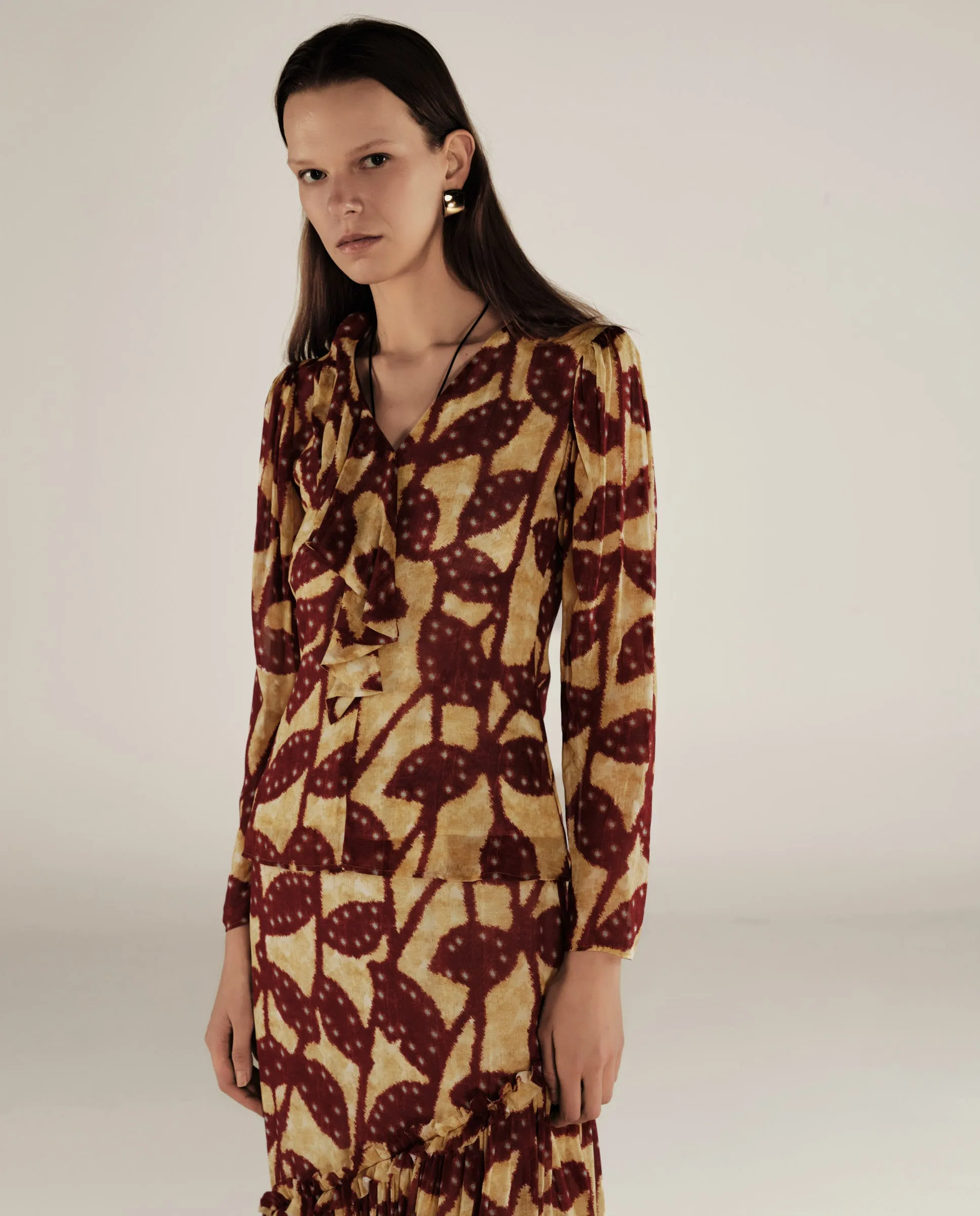 MILLIE | Burgundy & Gold Ruffle Crepe Blouse
