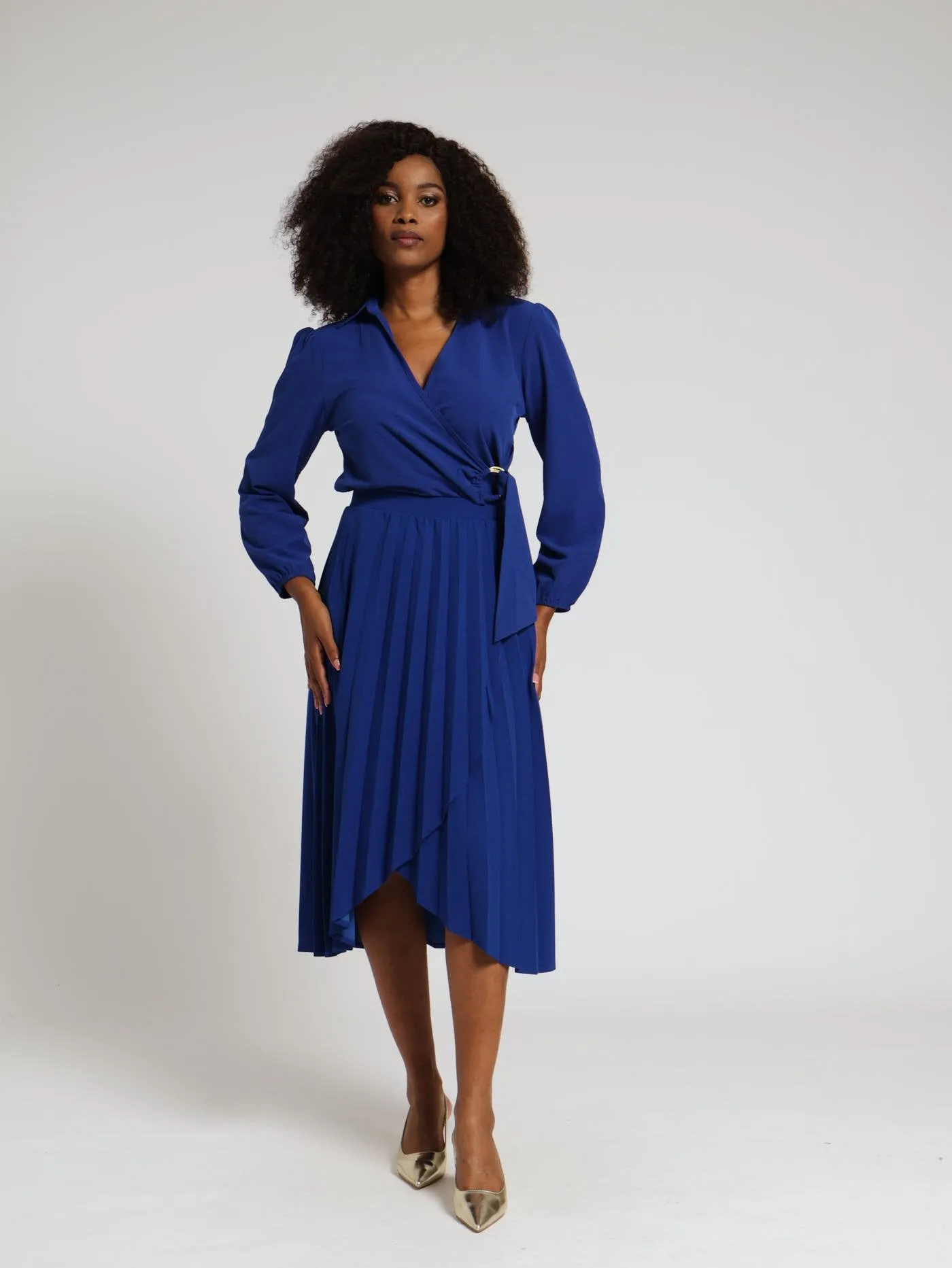 Mock Wrap Pleated Midi Skirt - Cobalt