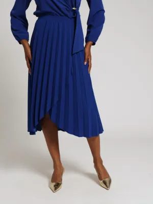 Mock Wrap Pleated Midi Skirt - Cobalt
