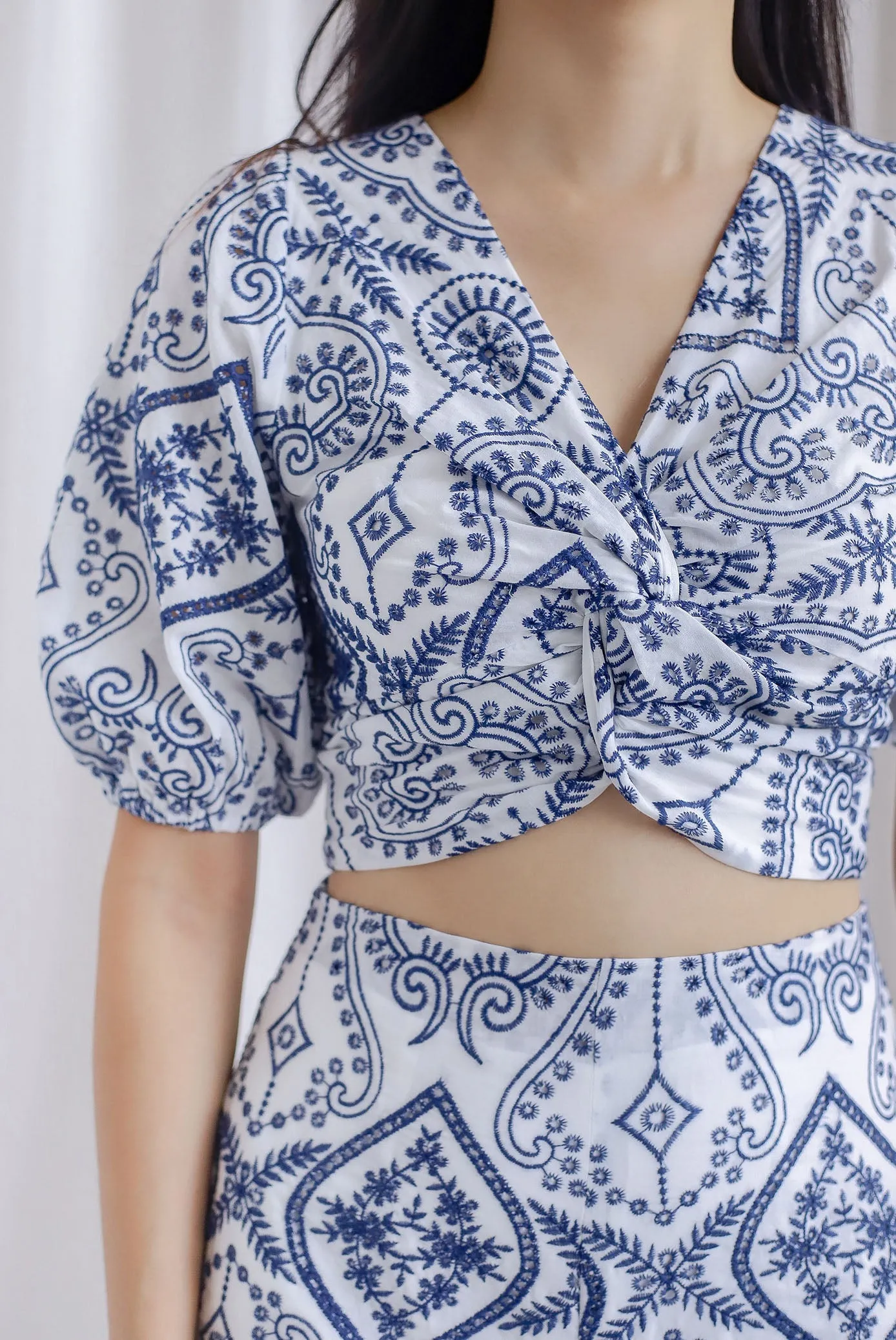 Monette Embro Twist Knot Crop Top In Navy Blue