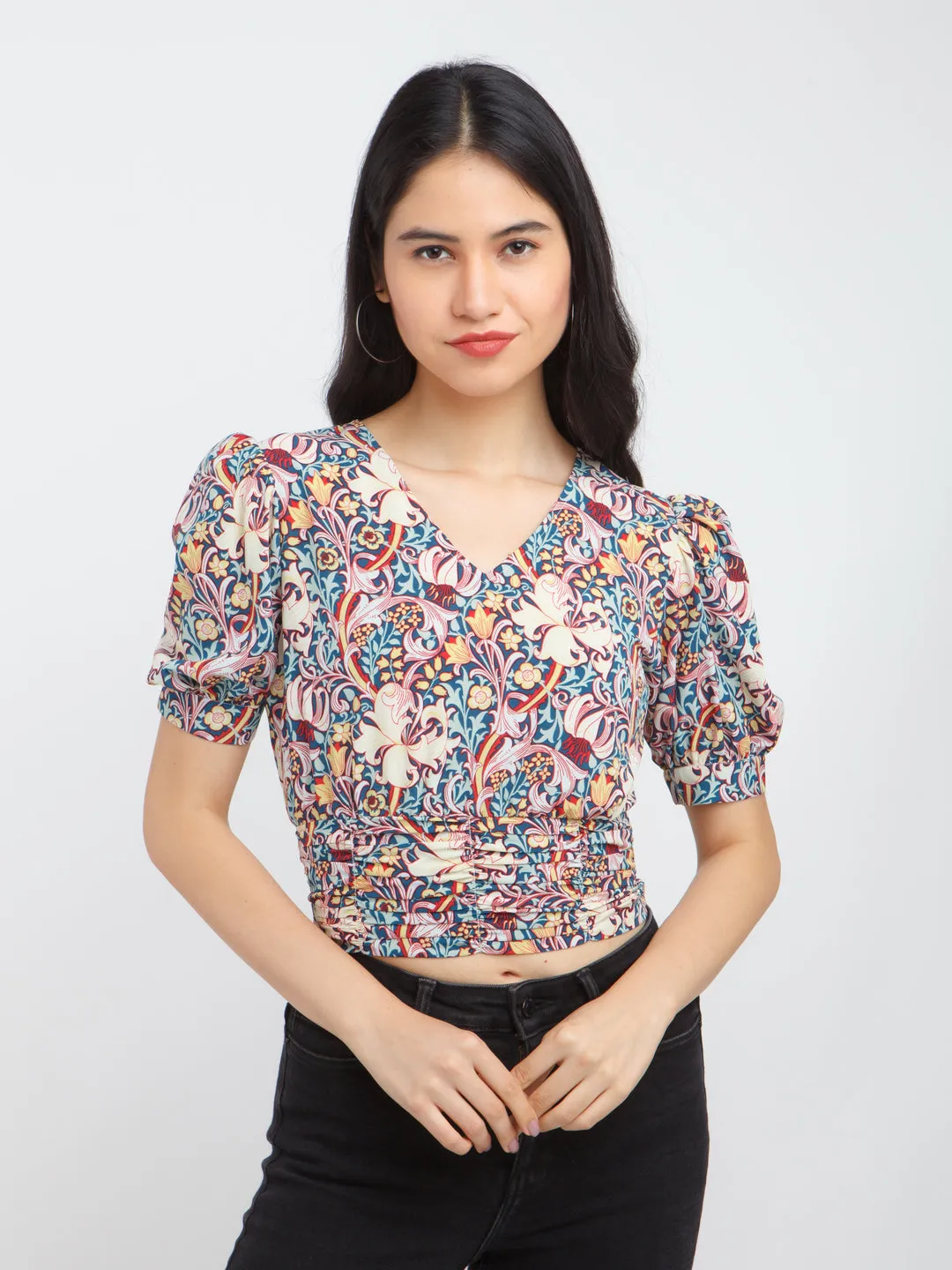 Multi-Colored Bohemian Printed Puff Sleeve Top