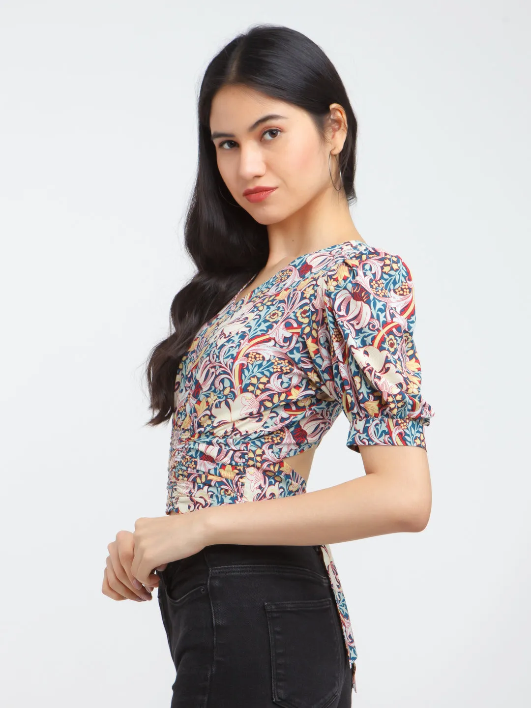 Multi-Colored Bohemian Printed Puff Sleeve Top
