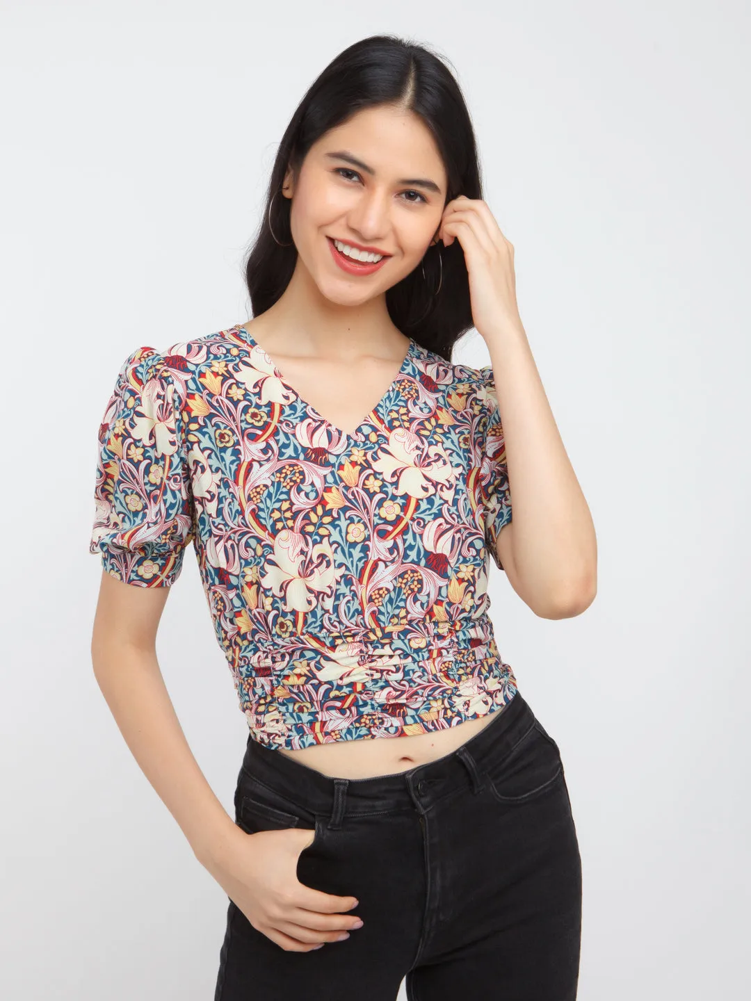Multi-Colored Bohemian Printed Puff Sleeve Top