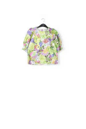 Multicolored floral-print puff sleeve top