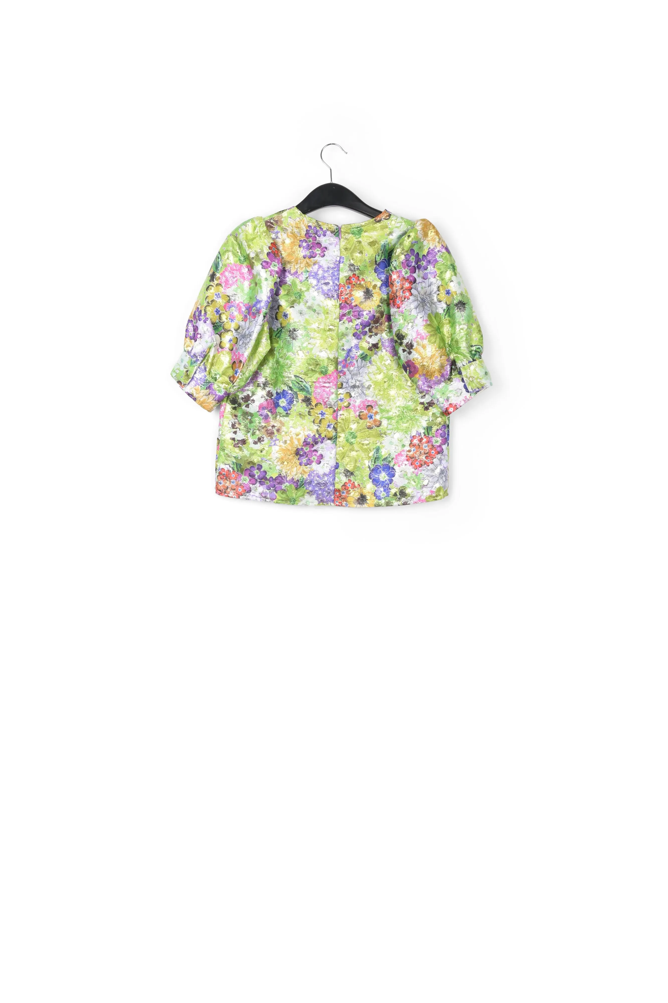 Multicolored floral-print puff sleeve top