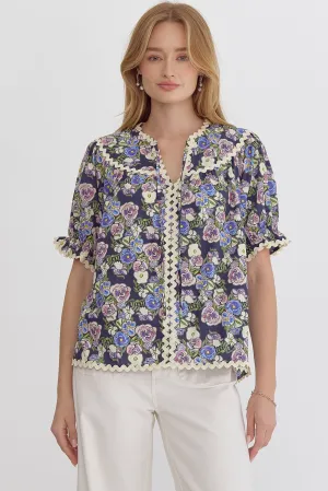 Navy Floral Ric Rac Top