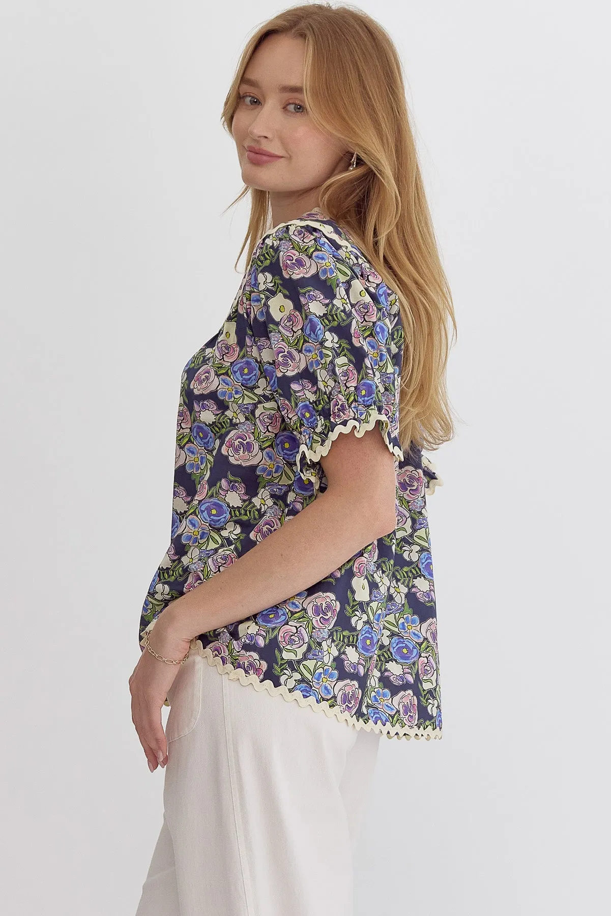 Navy Floral Ric Rac Top