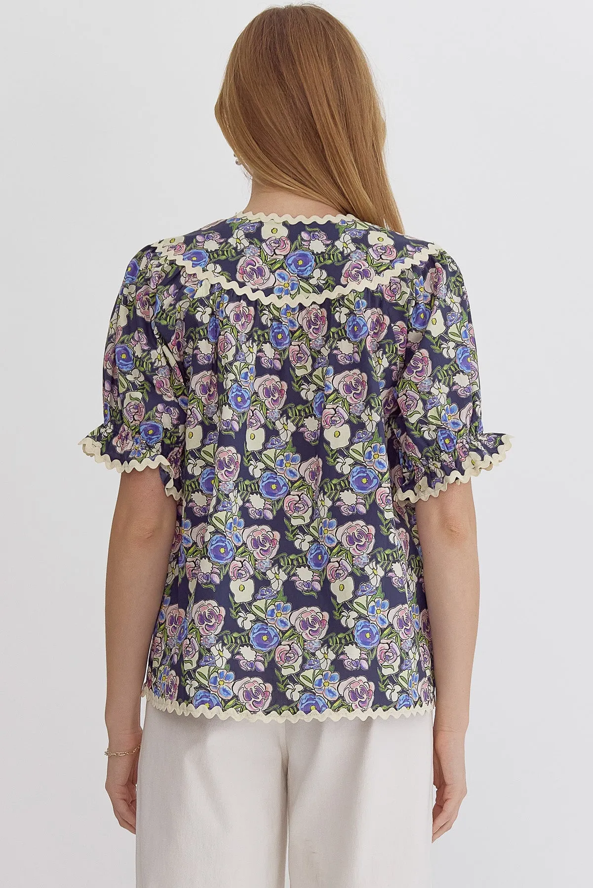 Navy Floral Ric Rac Top