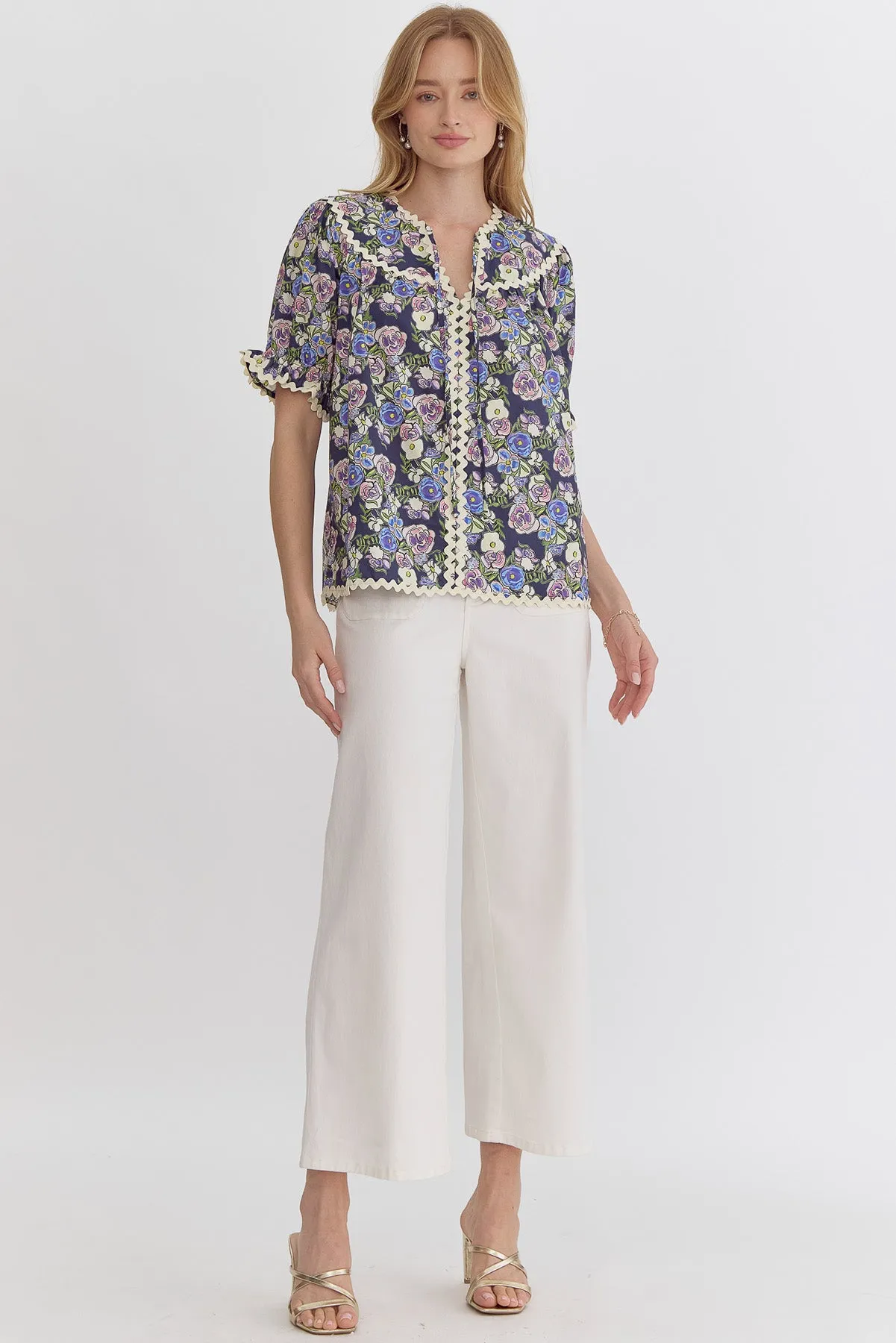 Navy Floral Ric Rac Top