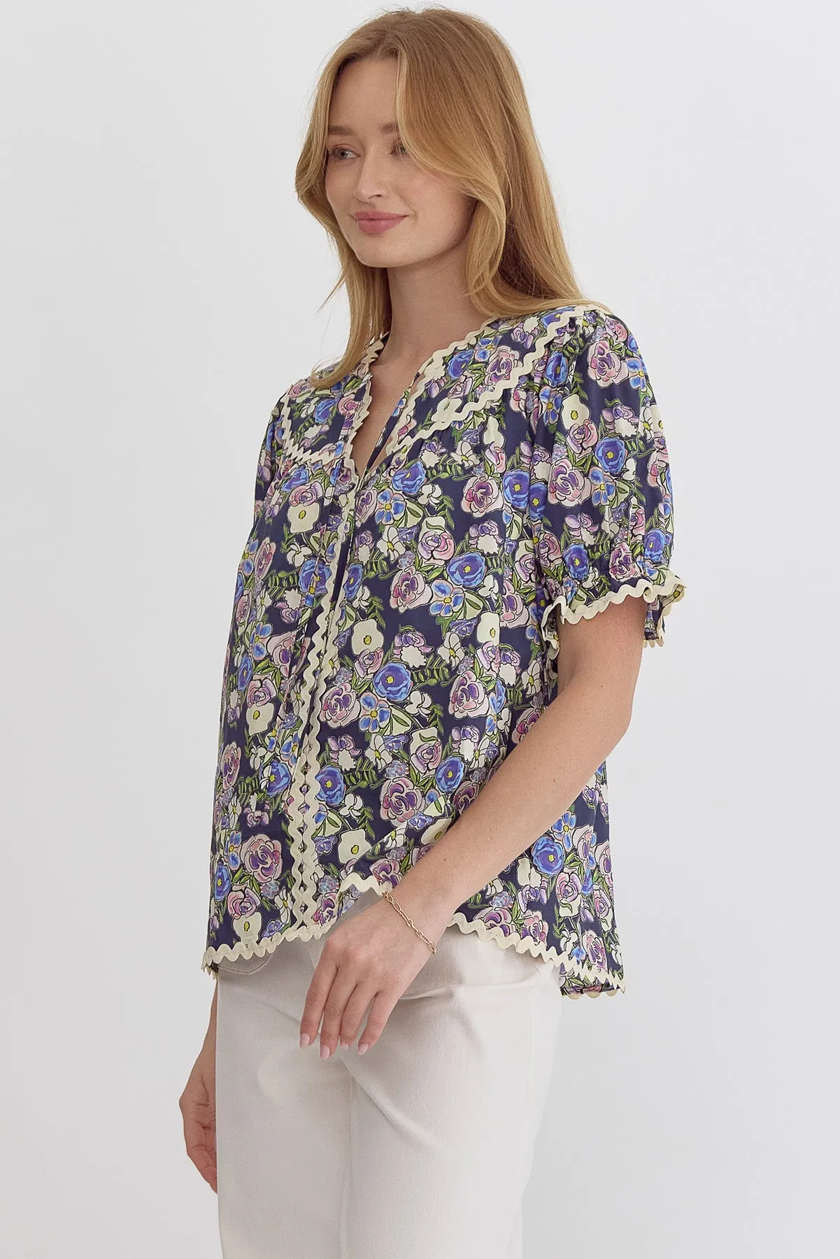 Navy Floral Ric Rac Top