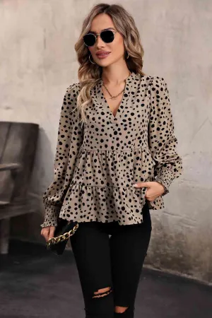 Notched Lantern Sleeve Printed Tiered Top
