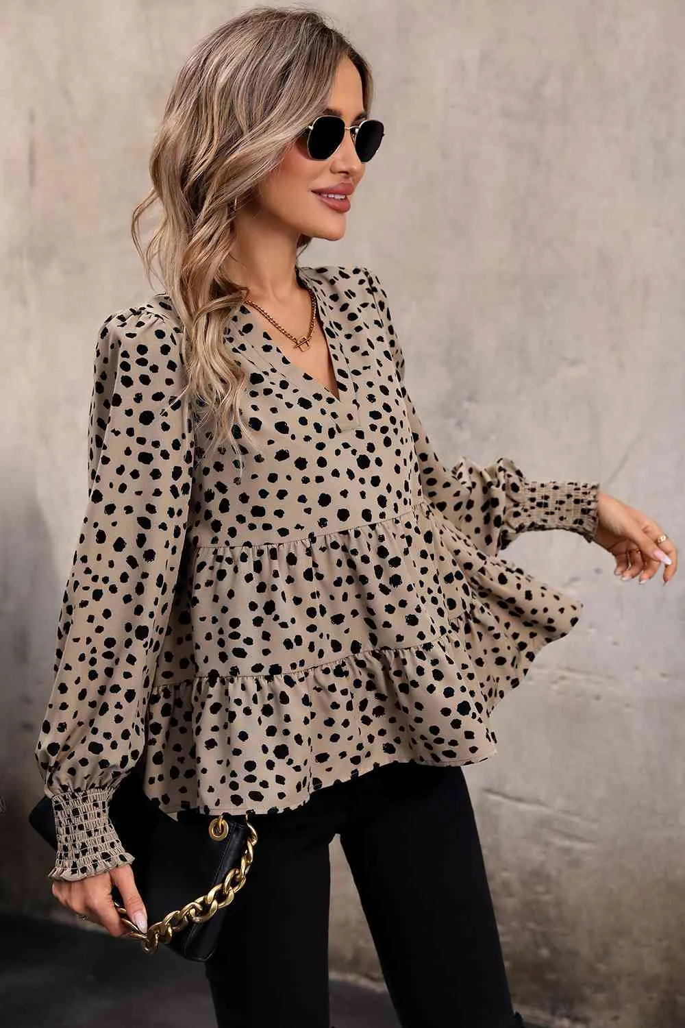 Notched Lantern Sleeve Printed Tiered Top