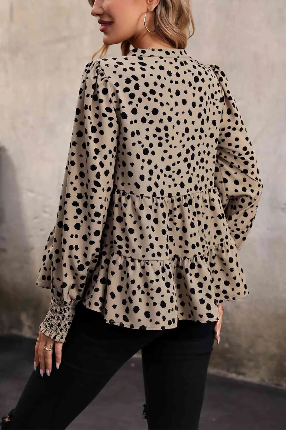 Notched Lantern Sleeve Printed Tiered Top