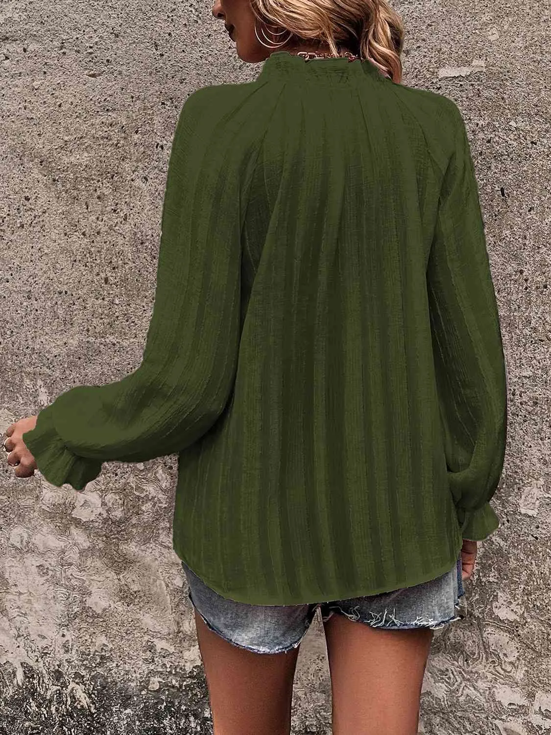 Notched Neck Flounce Sleeve Shirt (3 Colors)