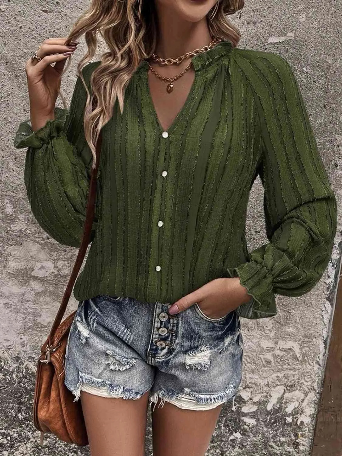 Notched Neck Flounce Sleeve Shirt (3 Colors)