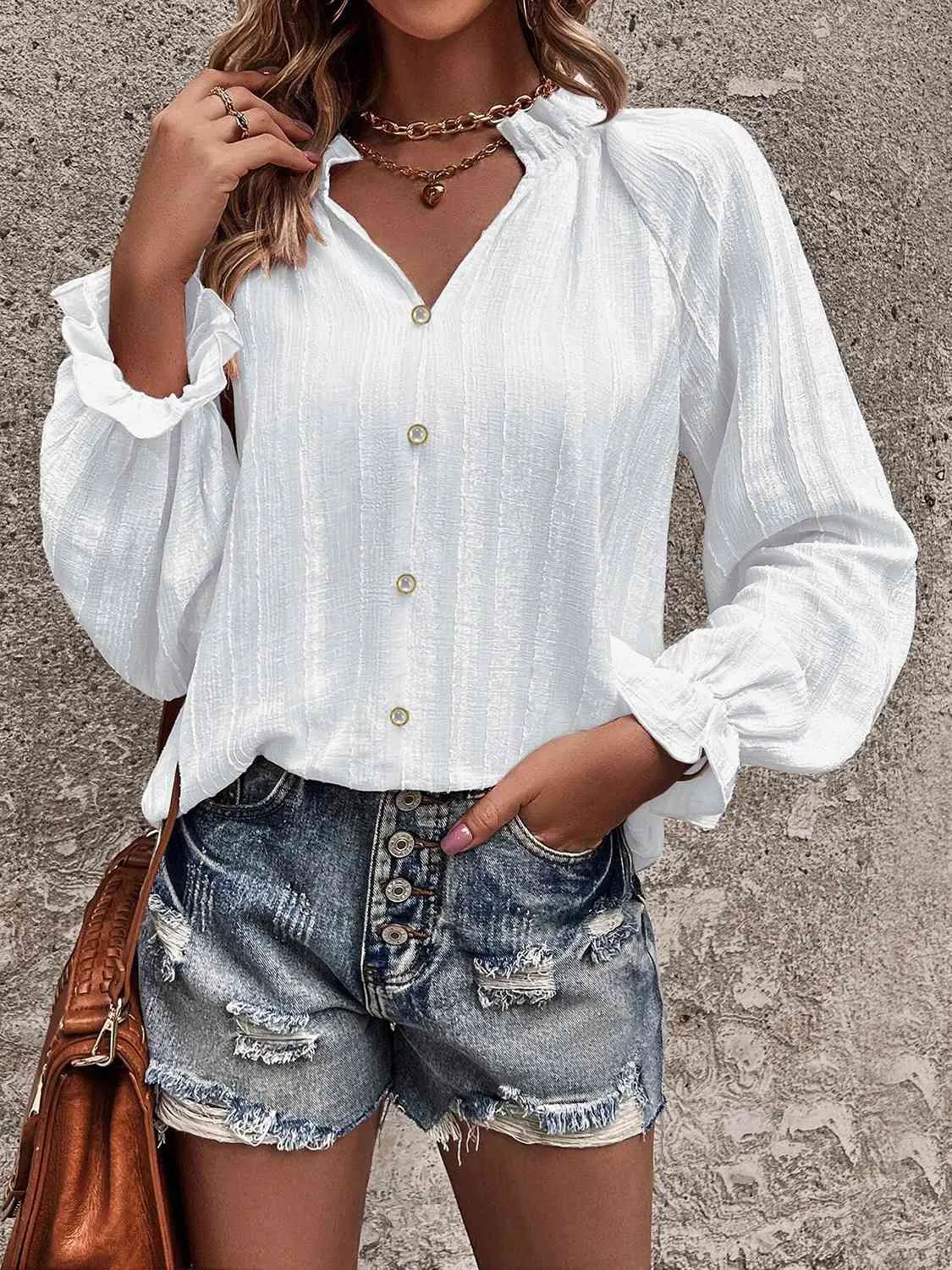 Notched Neck Flounce Sleeve Shirt (3 Colors)