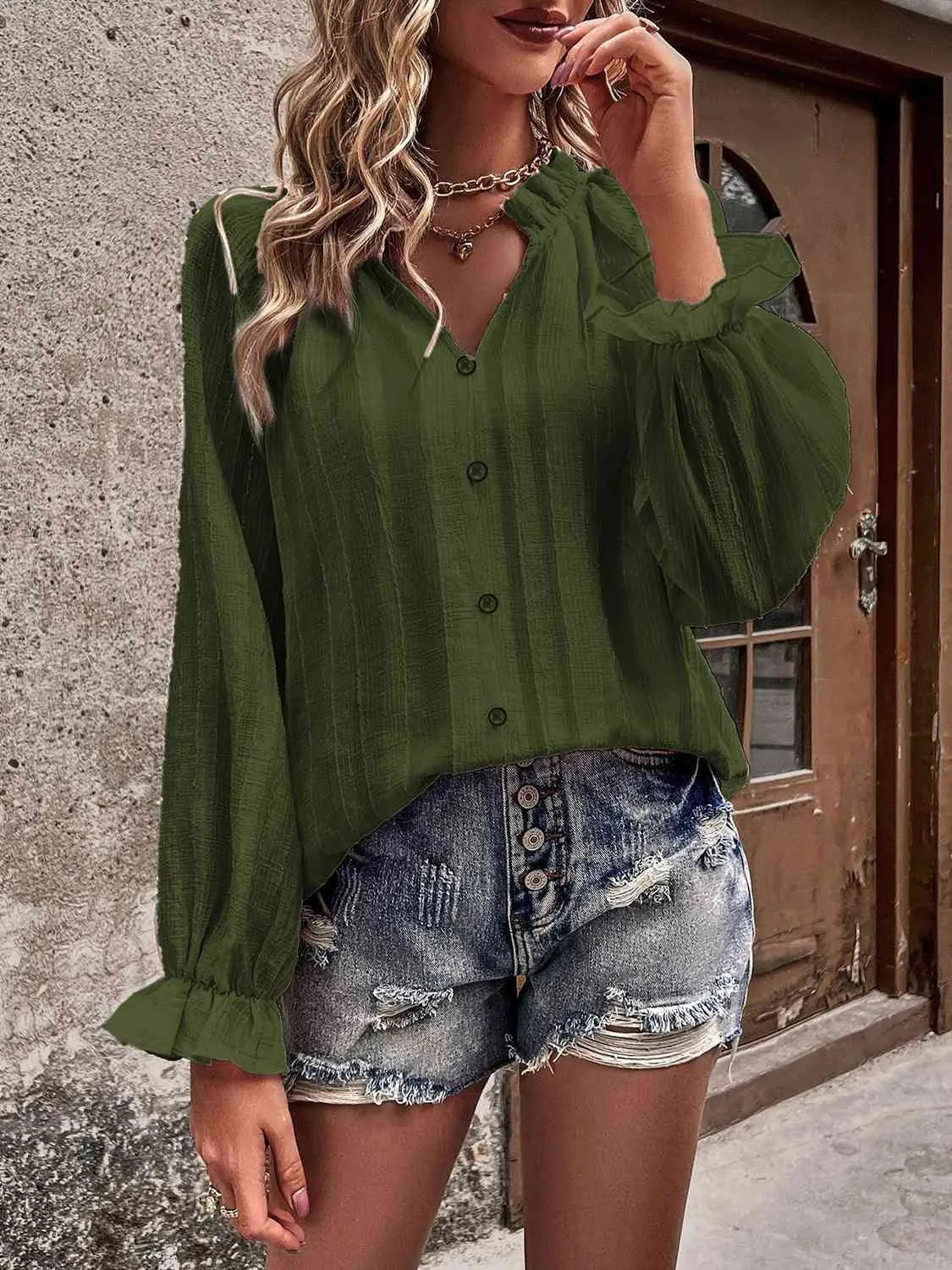 Notched Neck Flounce Sleeve Shirt (3 Colors)