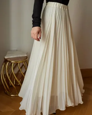 Off White Chiffon Pleated Flowy Skirt