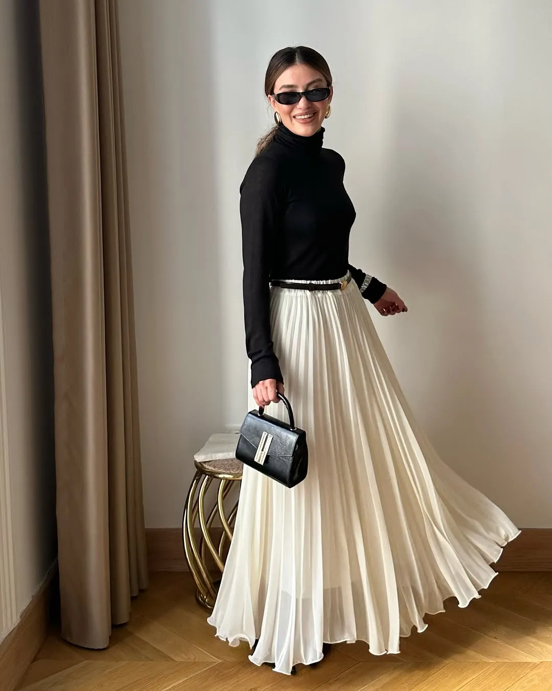 Off White Chiffon Pleated Flowy Skirt