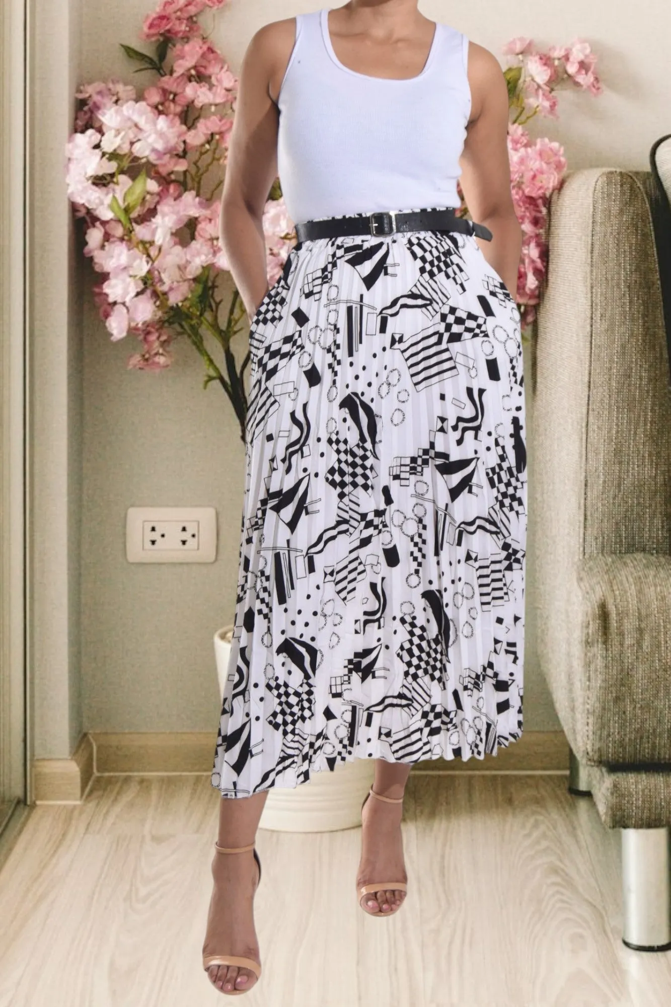 Off White Pleated Belt Skirt