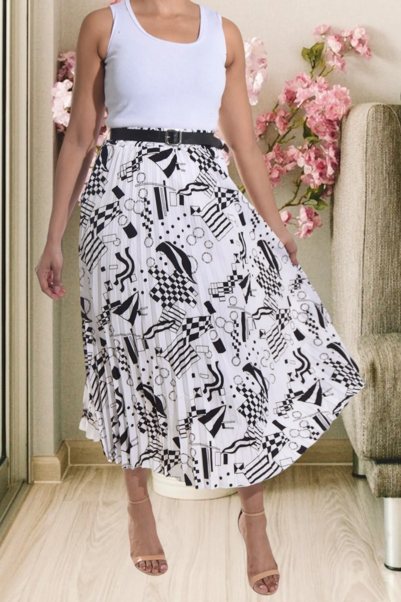 Off White Pleated Belt Skirt