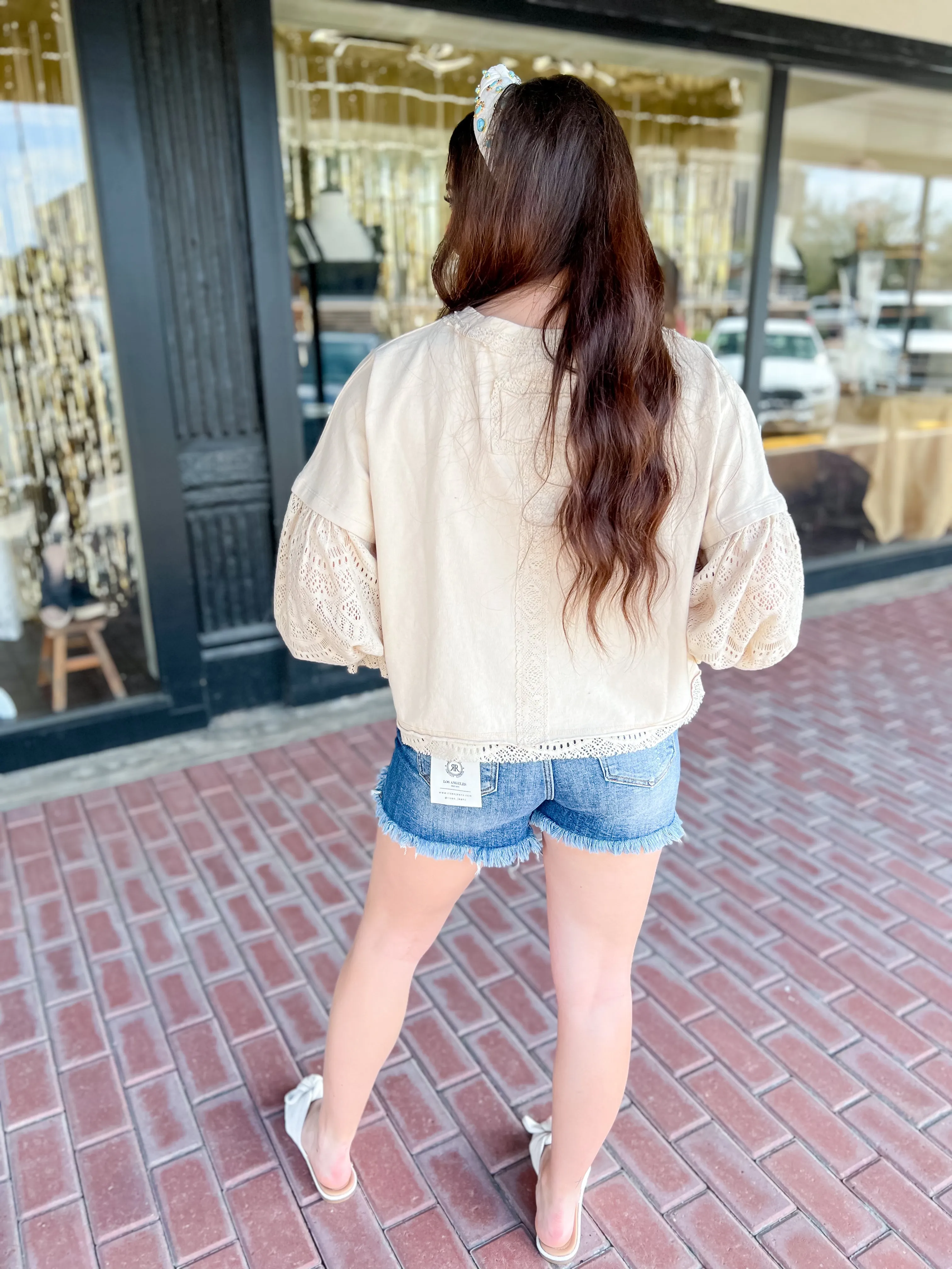 [Oli & Hali} Washed Lace Puff Sleeve Top