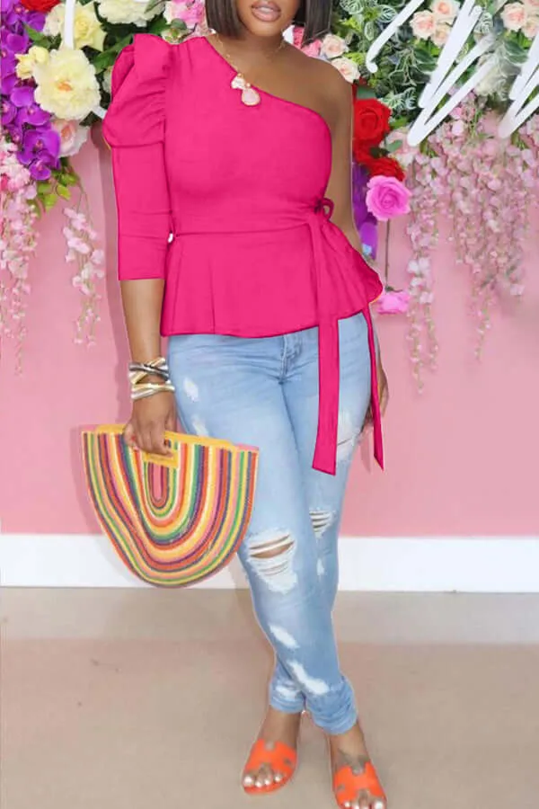 One Shoulder Puff Sleeve Belted Top