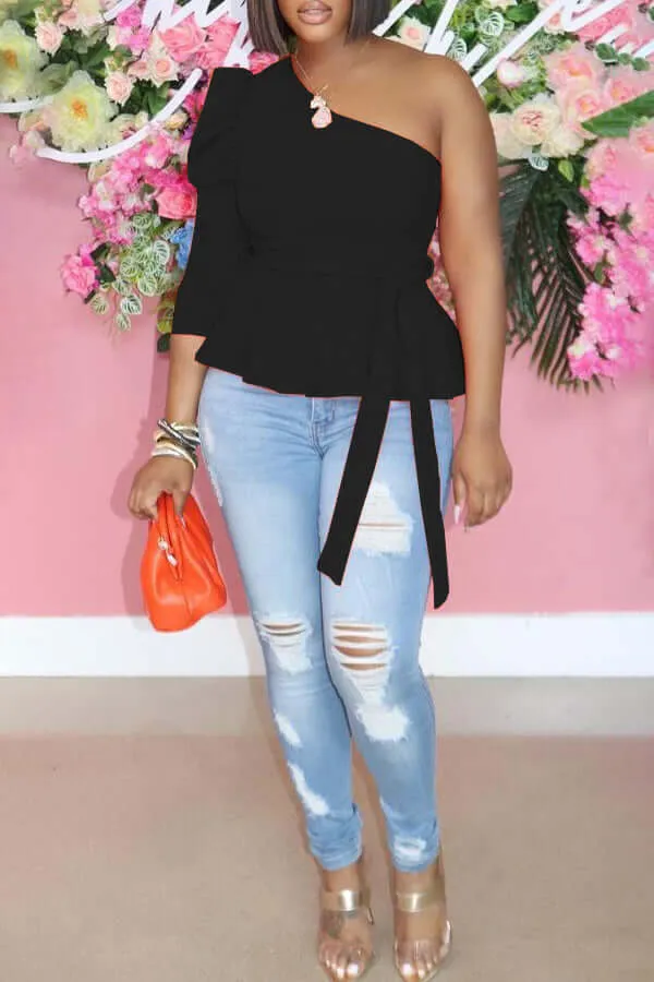 One Shoulder Puff Sleeve Belted Top