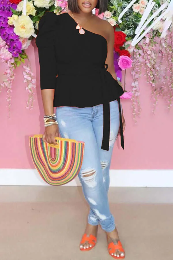 One Shoulder Puff Sleeve Belted Top