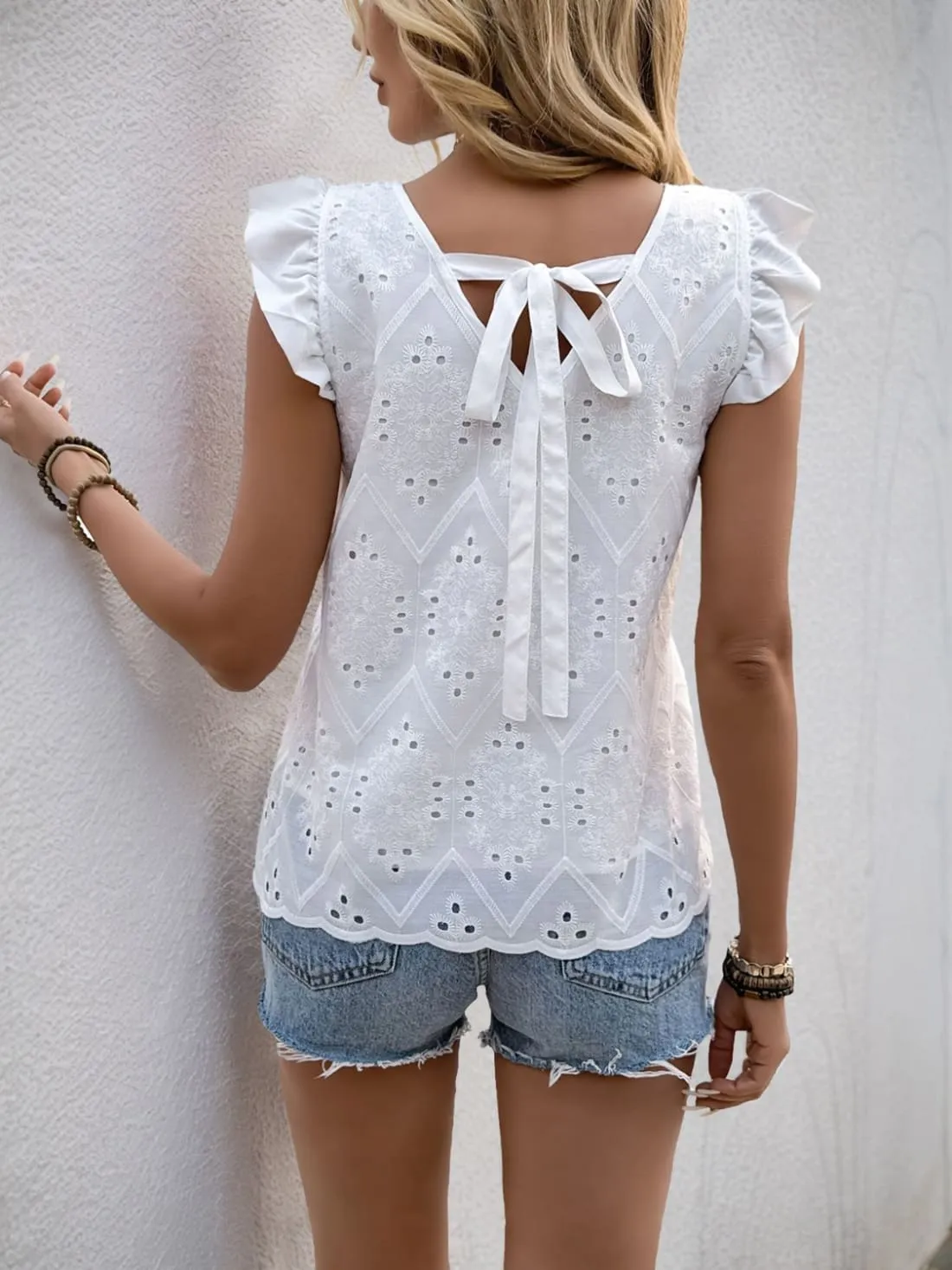 Open Back Eyelet Ruffled Blouse