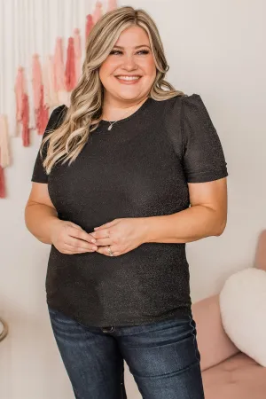 Own The Evening Short Sleeve Shimmer Top- Black