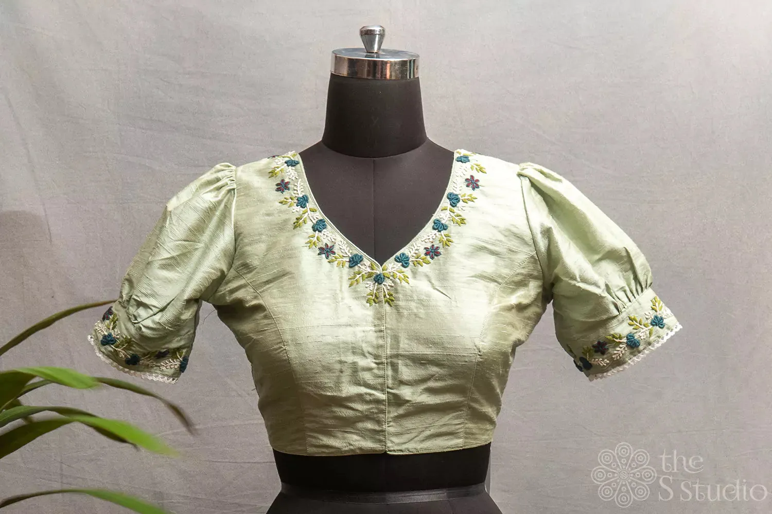 Pastel green  raw silk floral embroidered readymade blouse