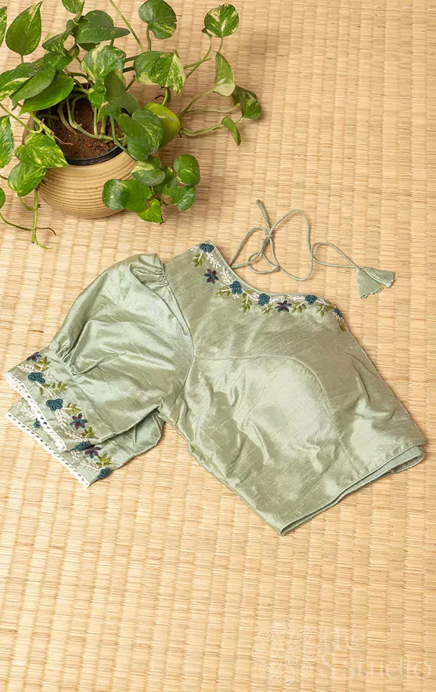 Pastel green  raw silk floral embroidered readymade blouse