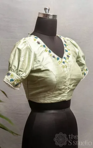 Pastel green  raw silk floral embroidered readymade blouse
