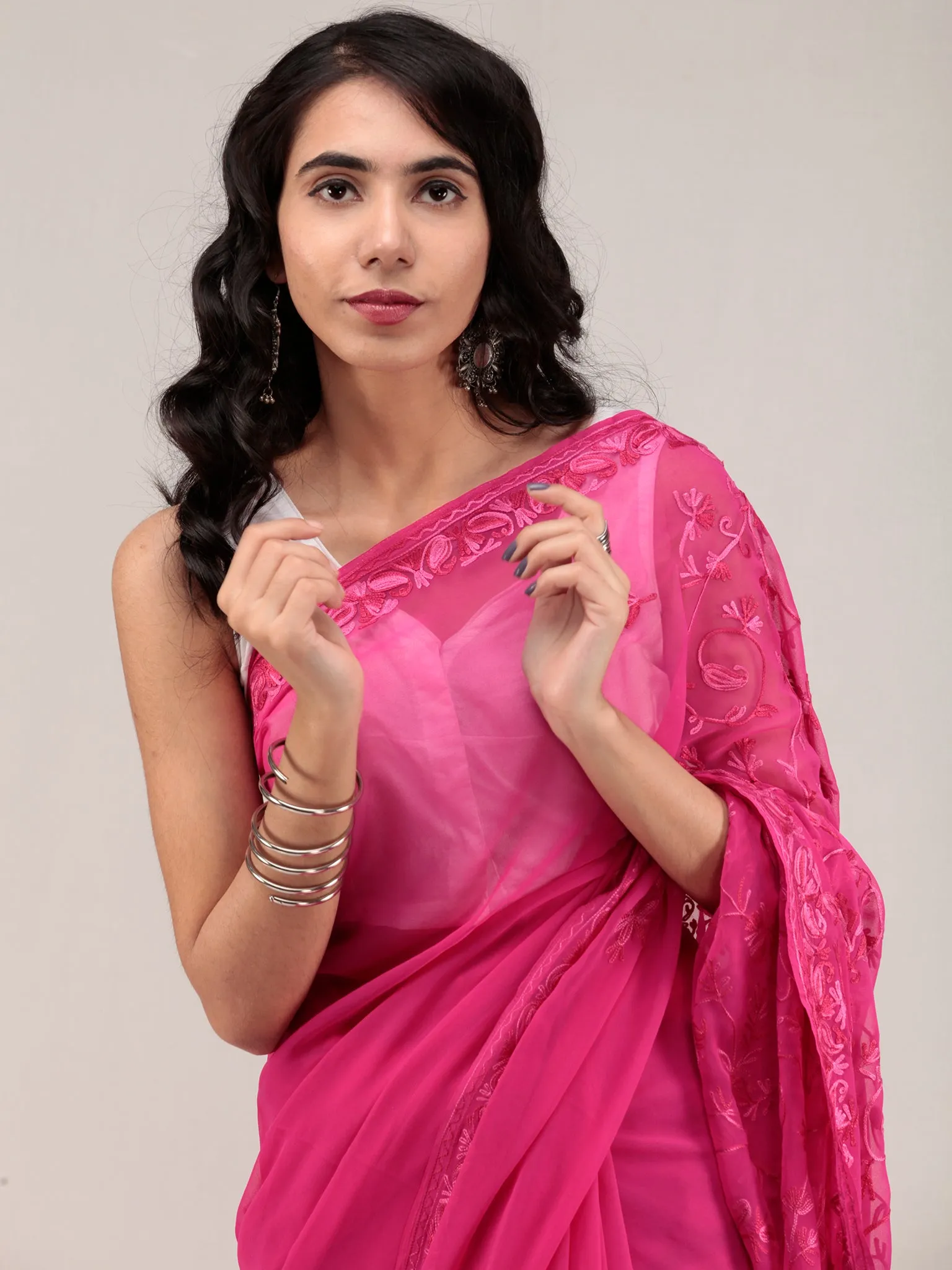 Pink Aari Embroidered Georgette Saree From Kashmir - S031704637