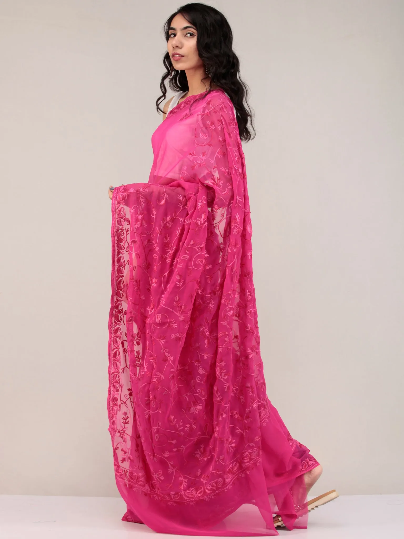 Pink Aari Embroidered Georgette Saree From Kashmir - S031704637
