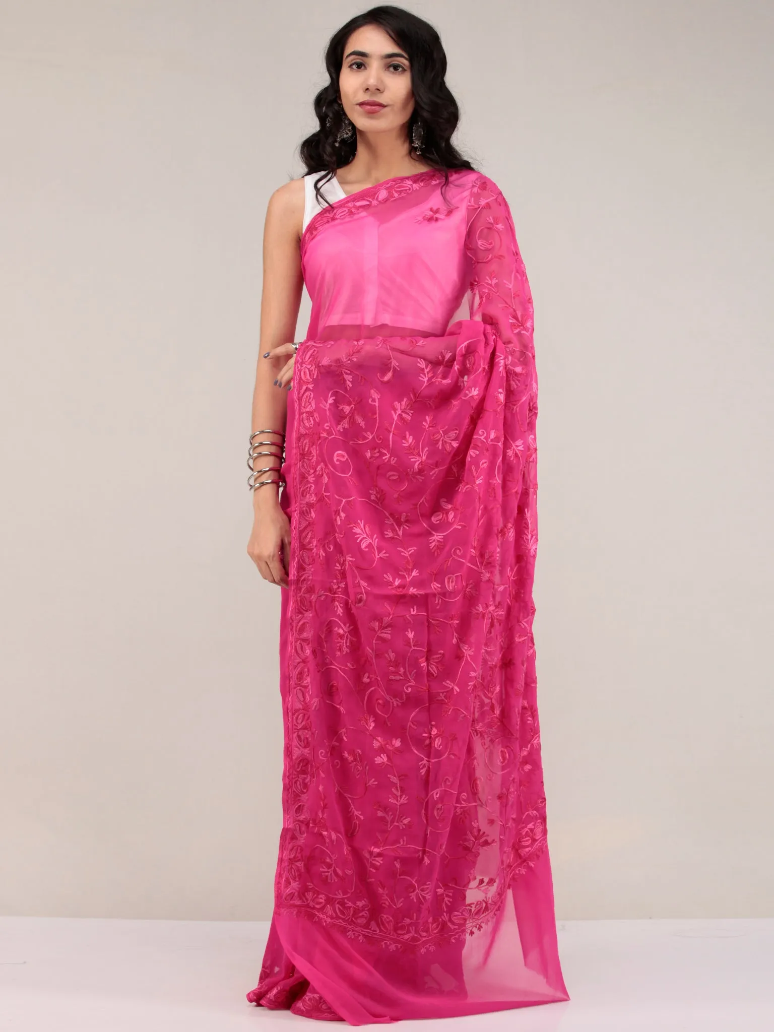 Pink Aari Embroidered Georgette Saree From Kashmir - S031704637