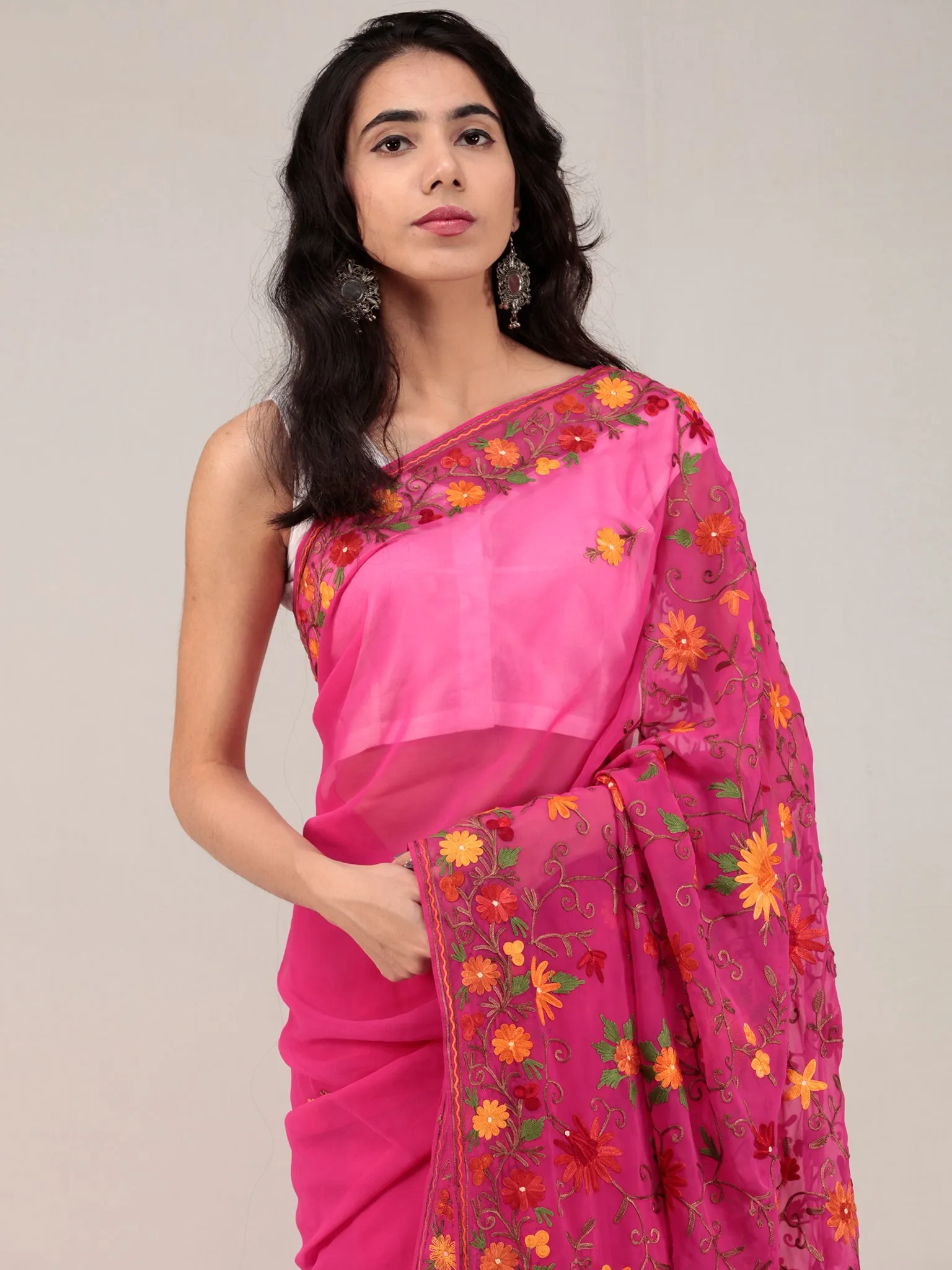 Pink Aari Embroidered Georgette Saree From Kashmir - S031704652