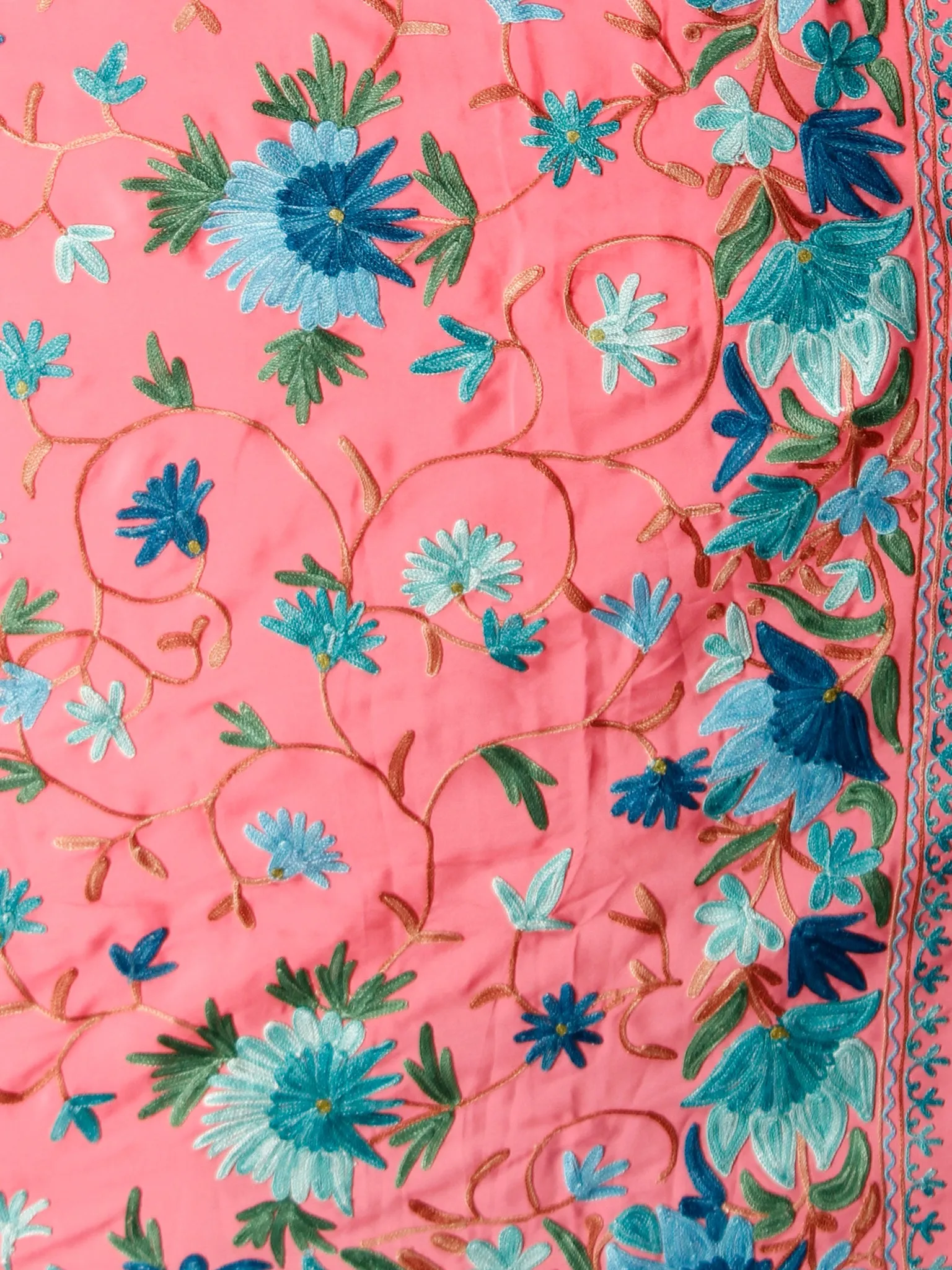 Pink Blue Green Aari Embroidered Crepe Silk Saree From Kashmir  - S031703066