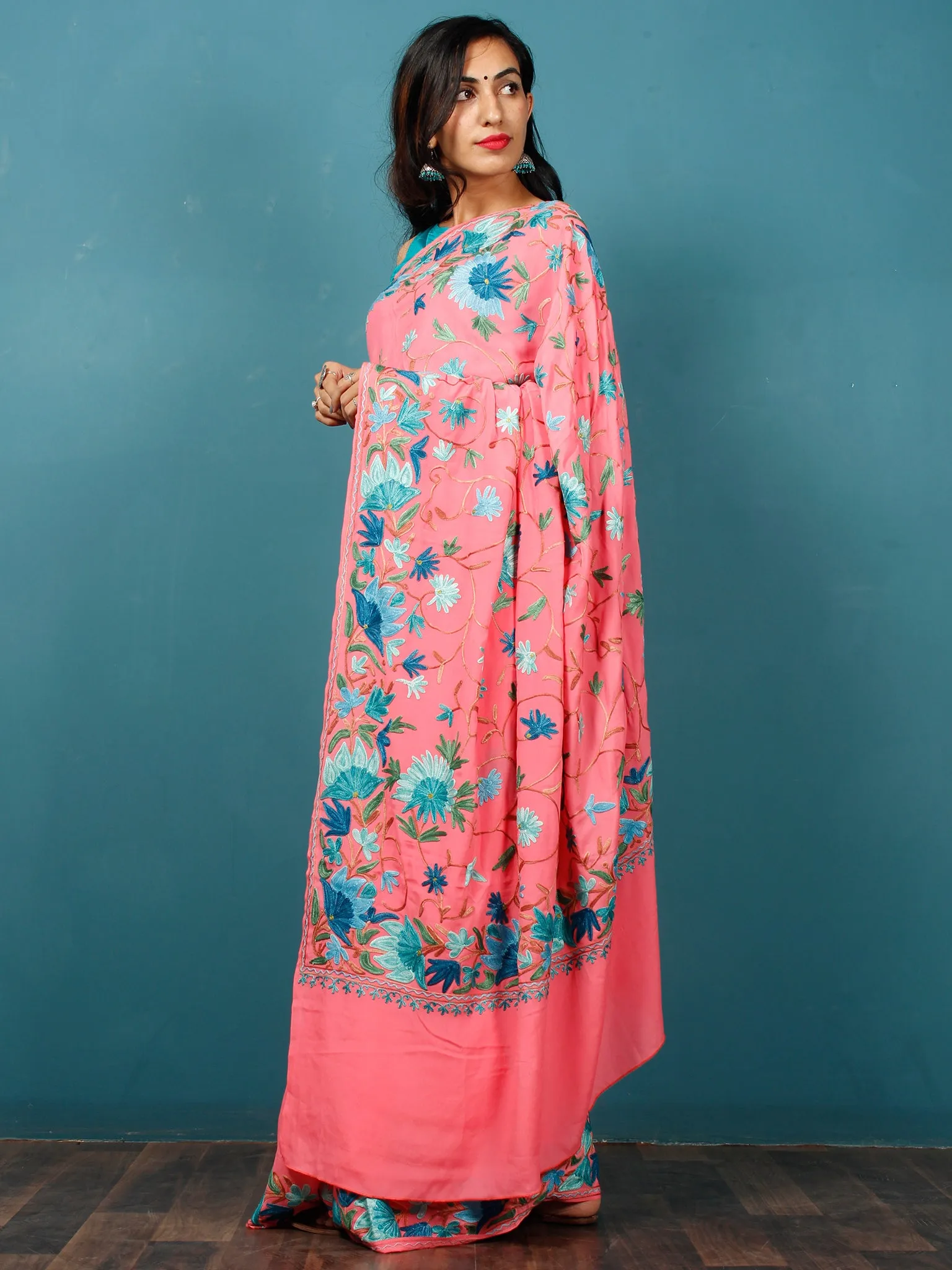 Pink Blue Green Aari Embroidered Crepe Silk Saree From Kashmir  - S031703066