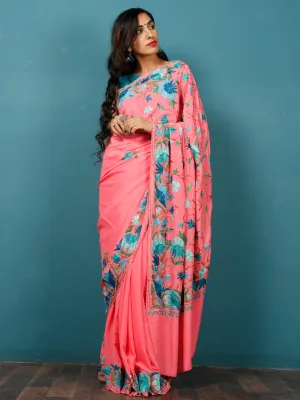 Pink Blue Green Aari Embroidered Crepe Silk Saree From Kashmir  - S031703066