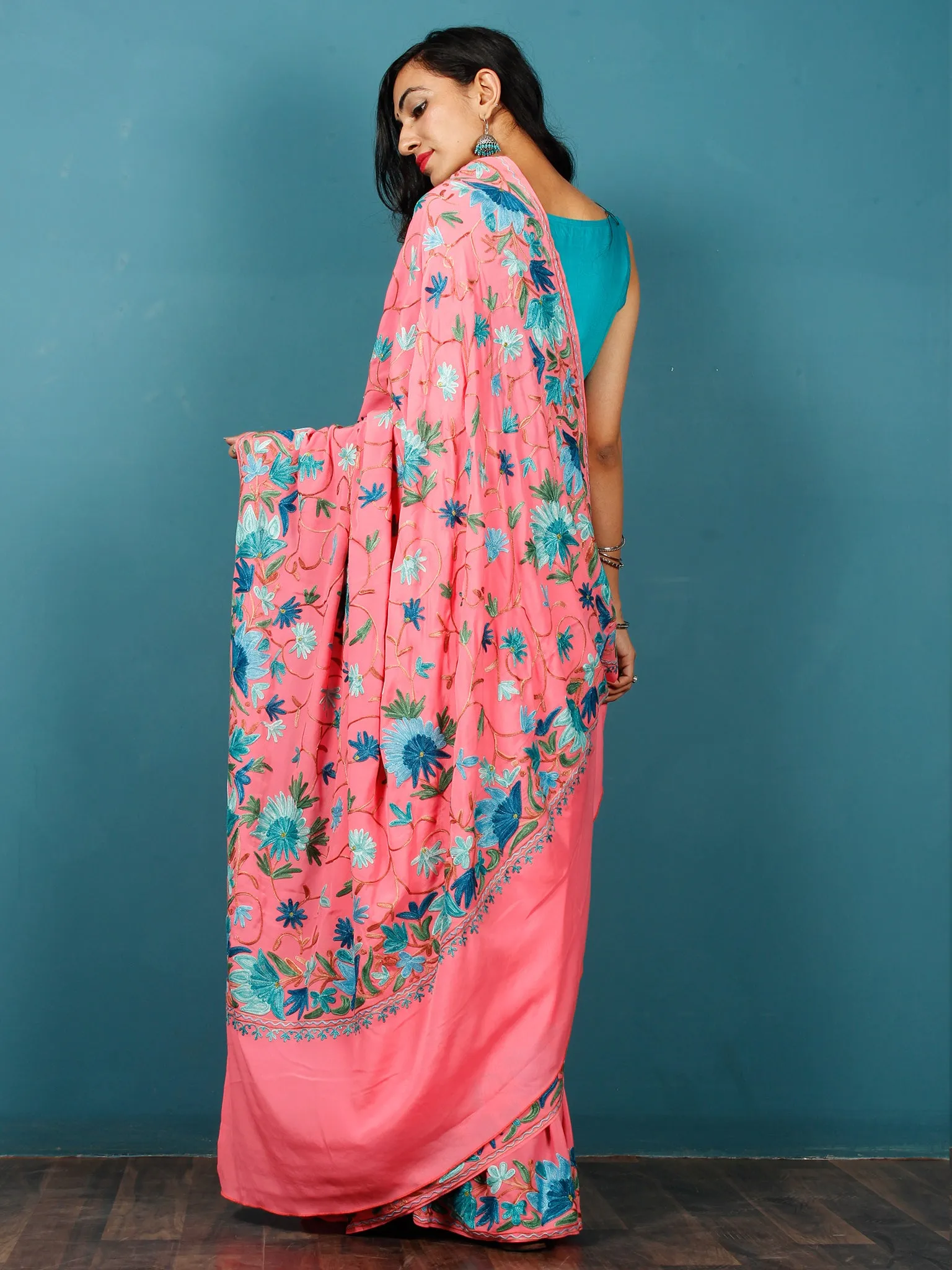 Pink Blue Green Aari Embroidered Crepe Silk Saree From Kashmir  - S031703066