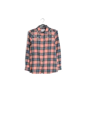Pink flannel shirt with embroidered flowers