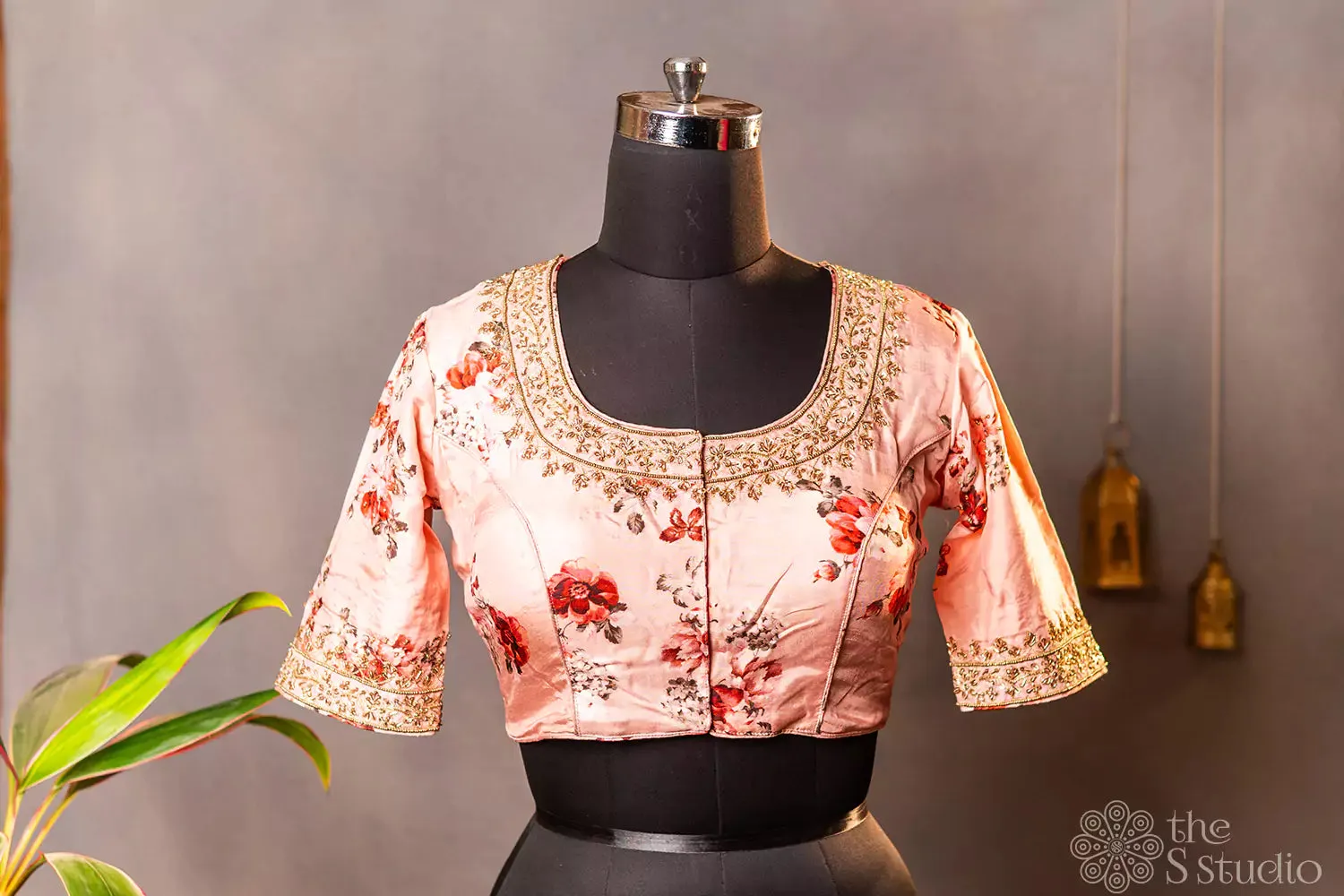 Pink floral printed semi silk readymade blouse with hand embroidery