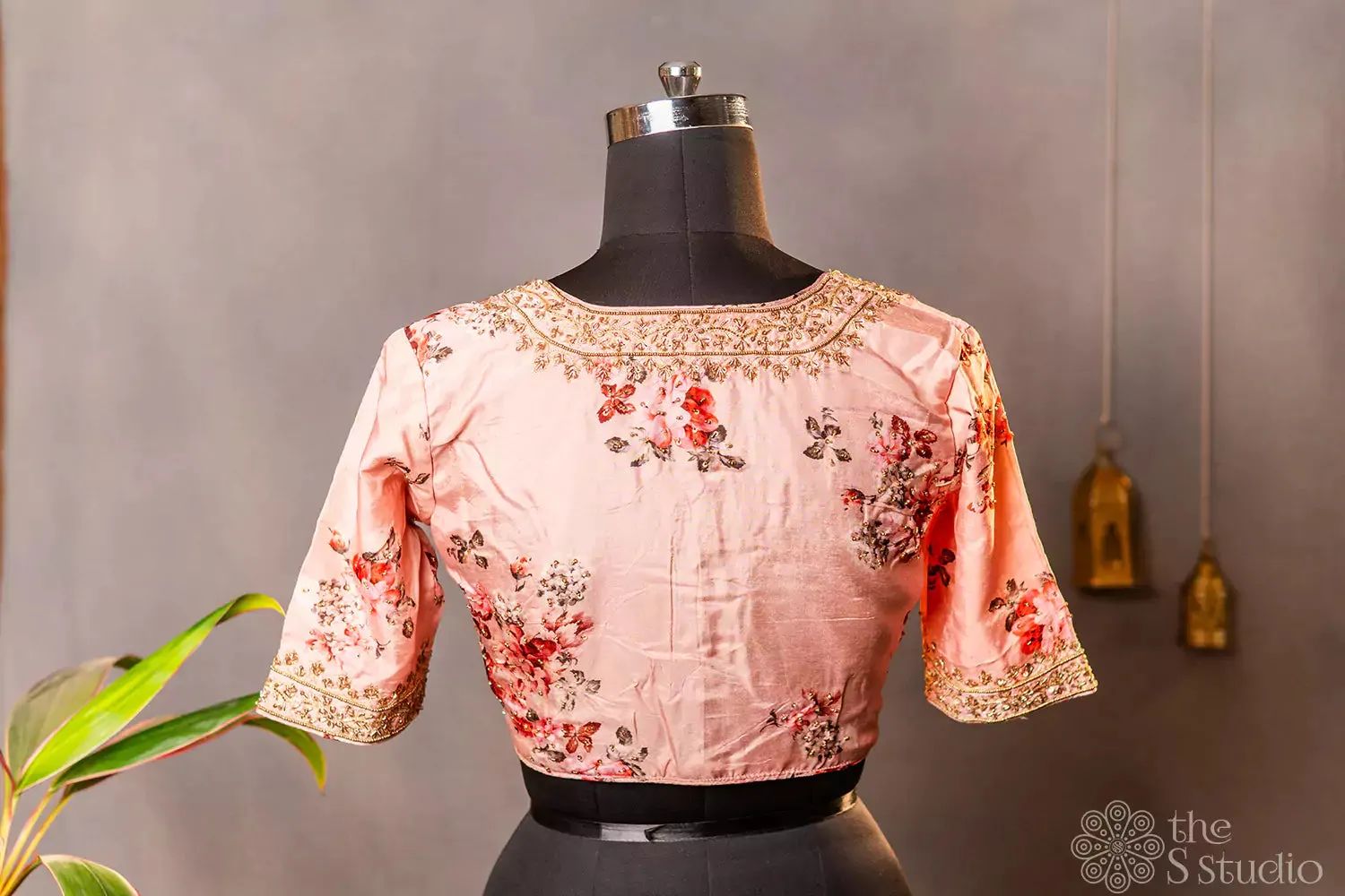 Pink floral printed semi silk readymade blouse with hand embroidery