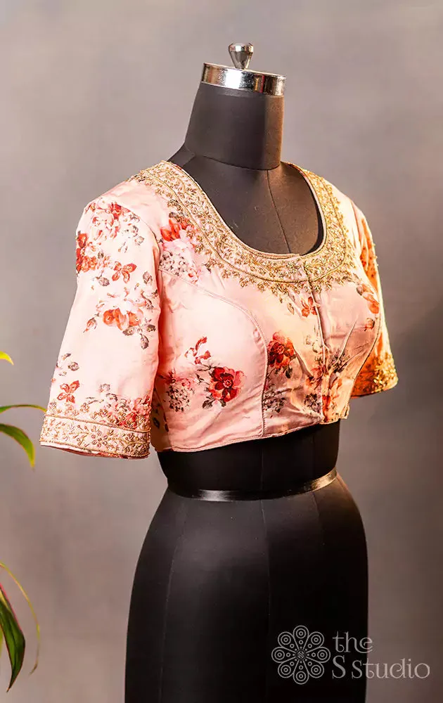 Pink floral printed semi silk readymade blouse with hand embroidery