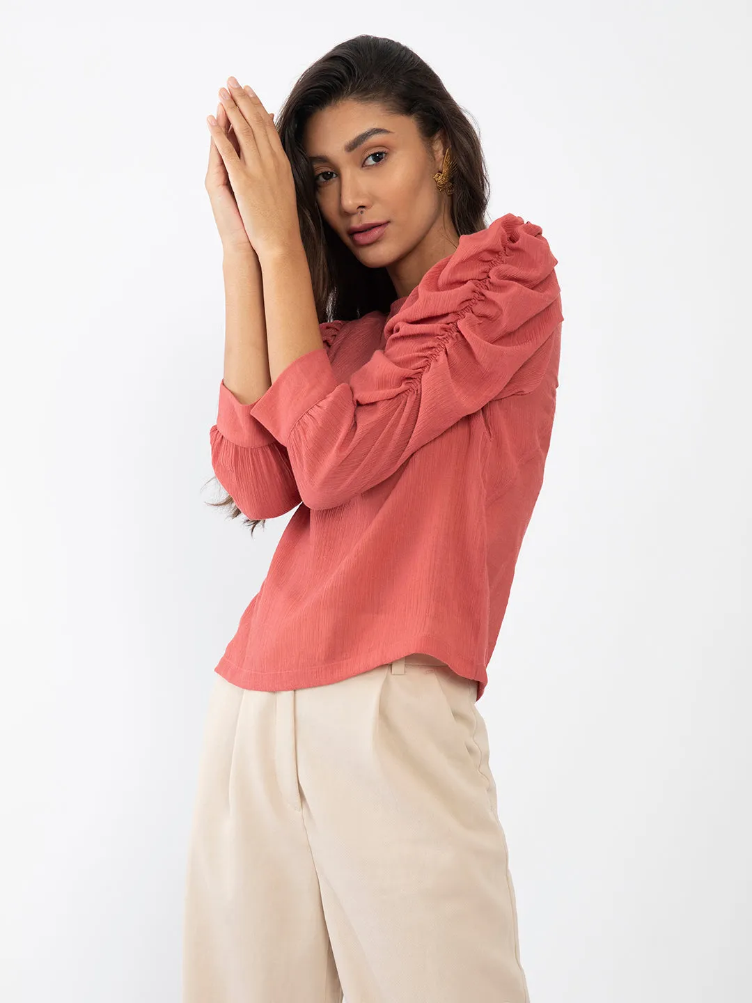 Pink Solid Puff Sleeve Top